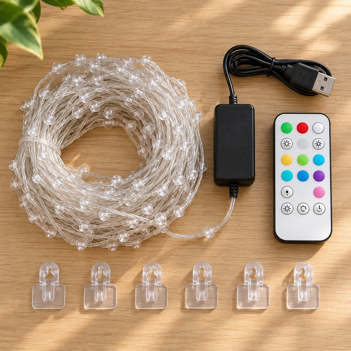 What's in the box: LED curtain, USB controller, remote and hooks