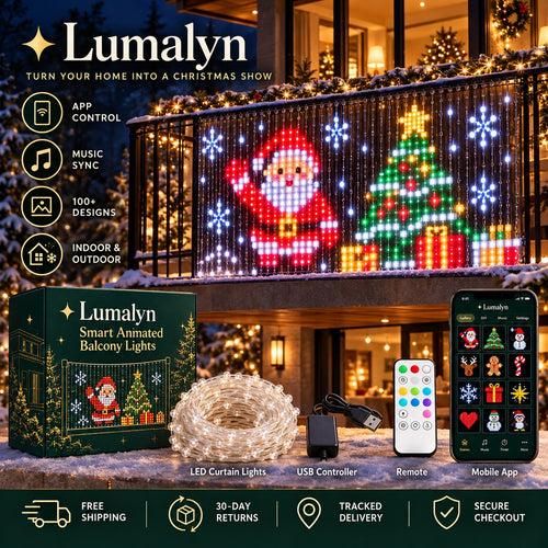 Lumalyn smart balcony lights showing an animated Santa and Christmas tree, with the box, LED curtain, USB controller, remote and app