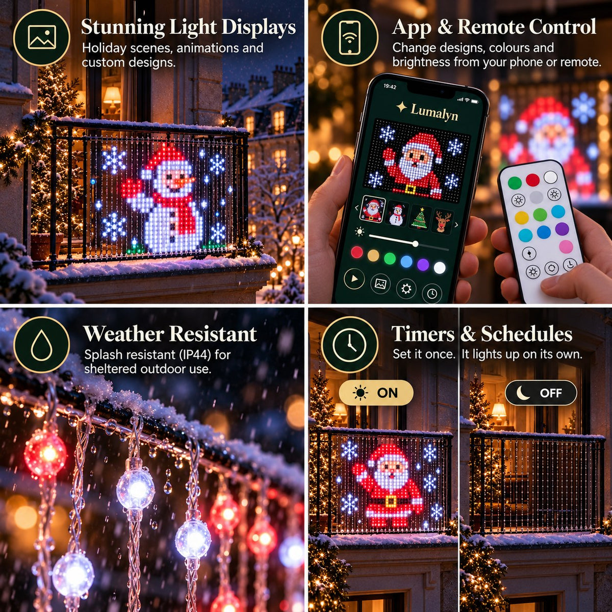 Stunning light displays, app and remote control, splash resistant, timers and schedules