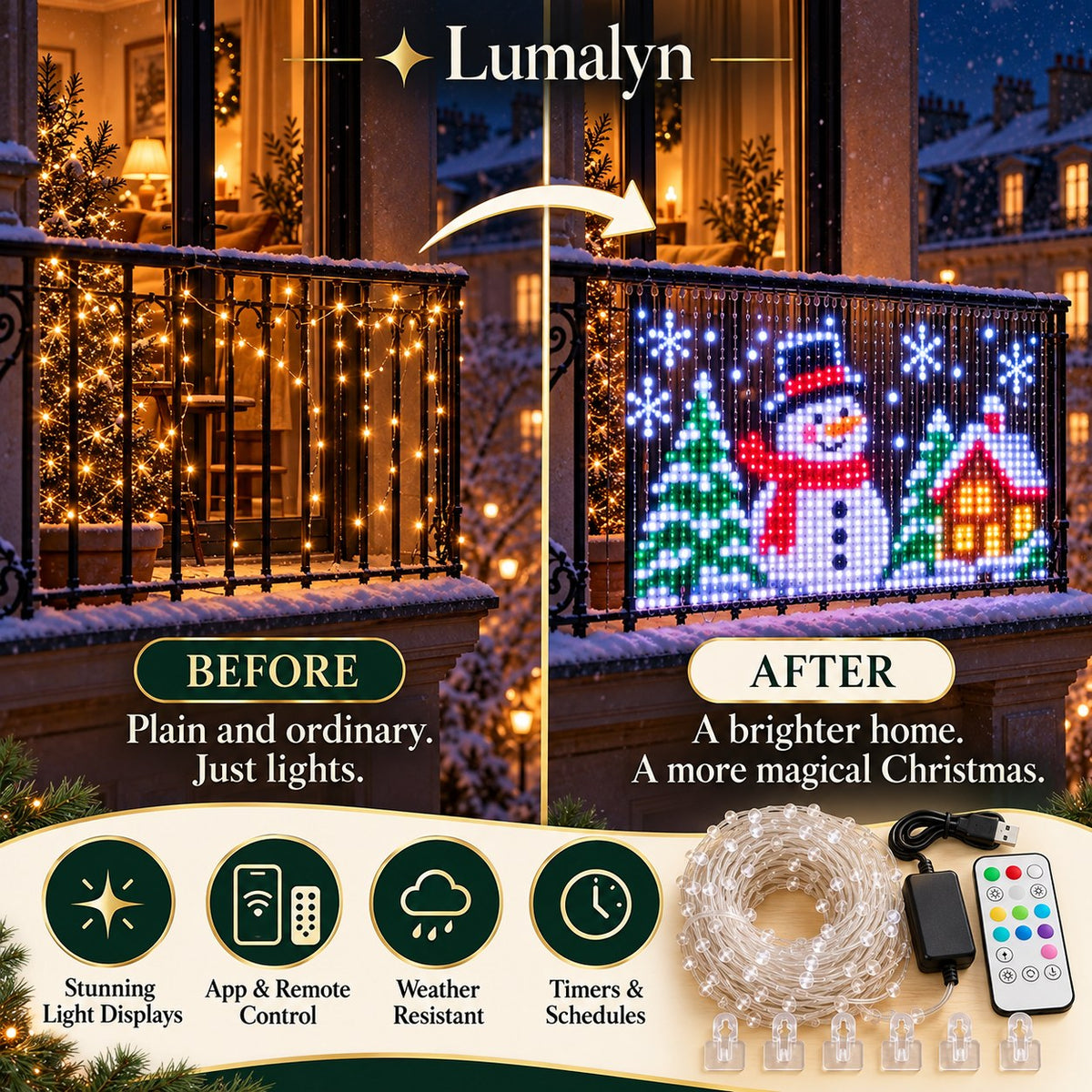 Before and after: a balcony with plain fairy lights, then an animated snowman scene